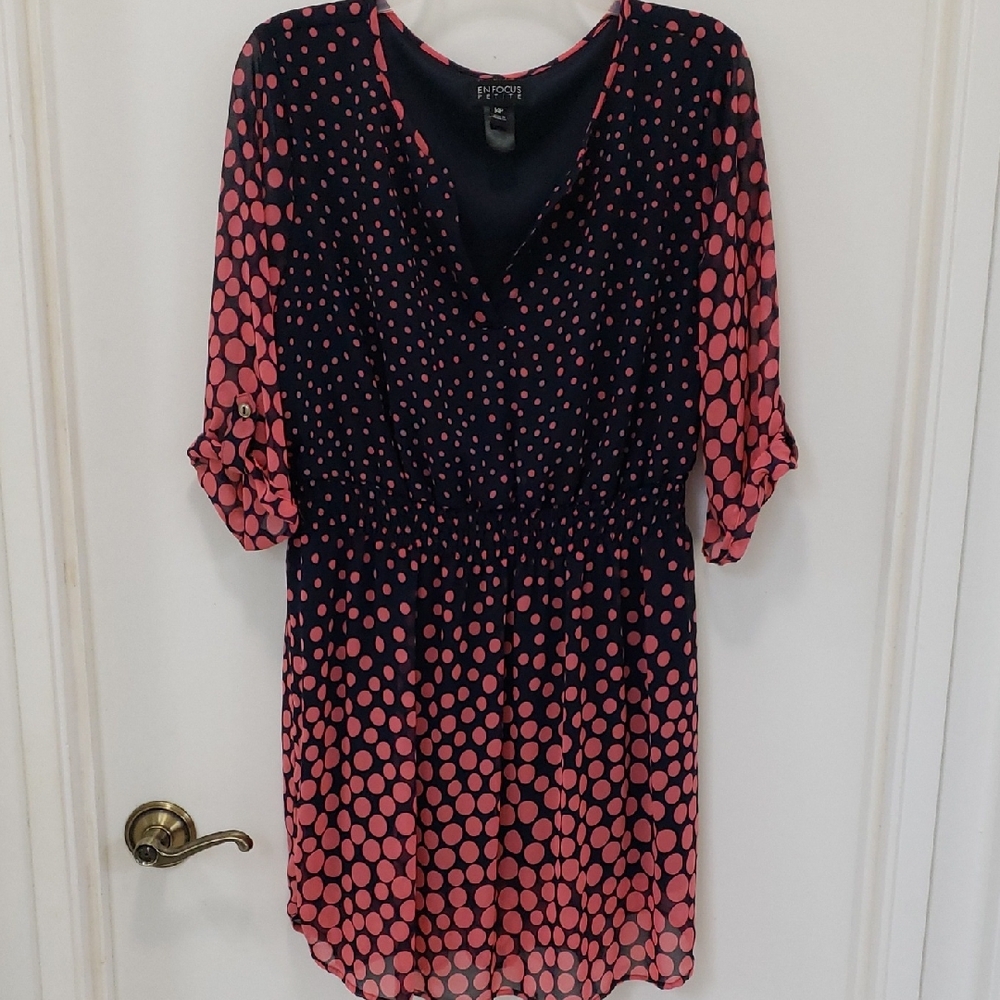 〰️Enfocus Studio〰️ 3/4 Sleeve Navy & Pink Polka Dot Dress 14P